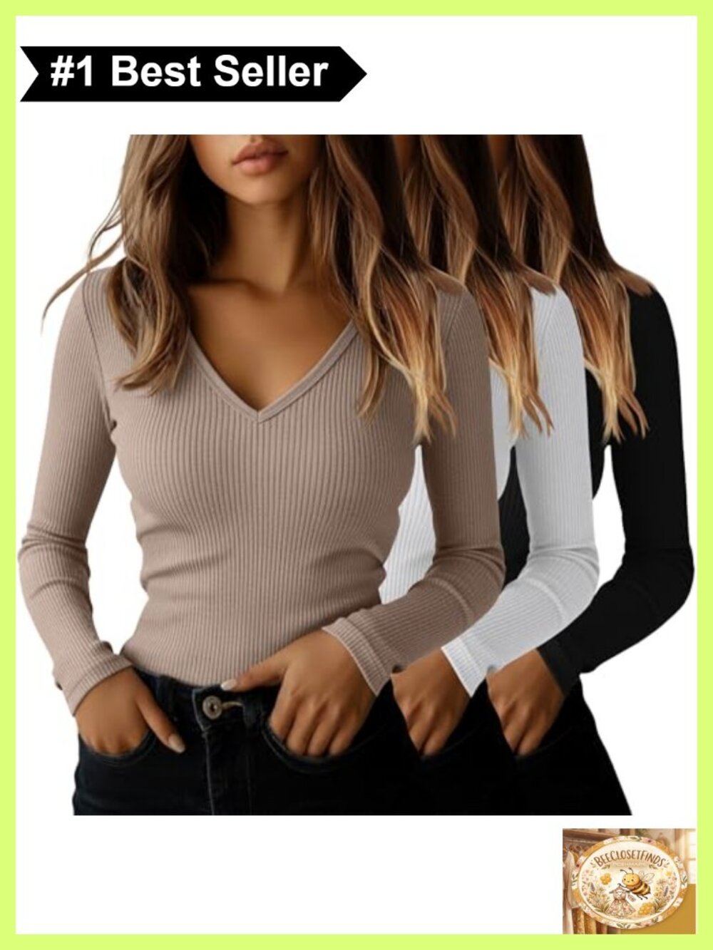 Womens Long Sleeve Ribbed V Neck Cotton T-Shirt 3 Pack Slim Fit Tops